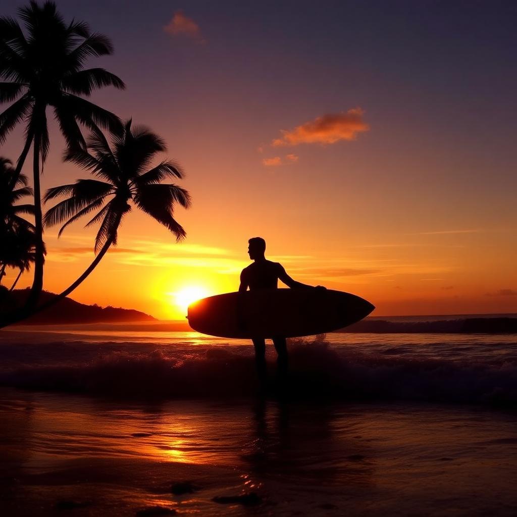 Sunrise surfer at Playa Sámara on the Costa Rican Pacific coast — cheap beach houses in Costa Rica. Images and Photos created by www.cheap-beach-house.com