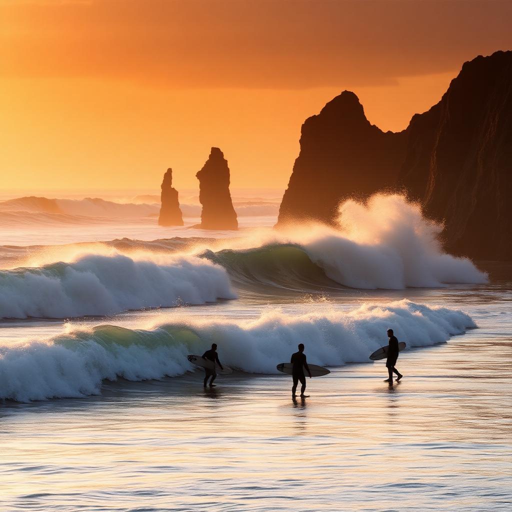 Surfers at Punta de Lobos in Pichilemu, Chile at sunset — cheap beach houses in Chile. Images and Photos created by www.cheap-beach-house.com