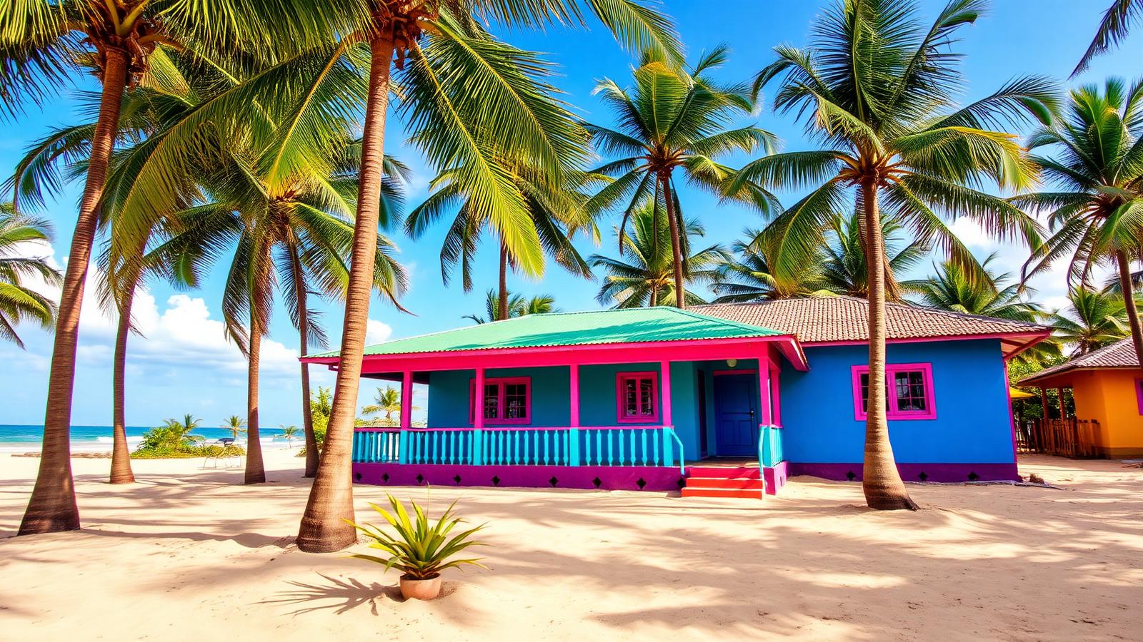 Colourful beach bungalow under coconut palms on the Ghanaian coast β cheap beach houses in Ghana. Images and Photos created by www.cheap-beach-house.com