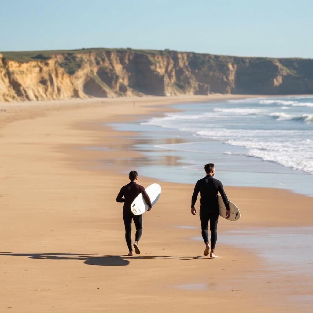 Portuguese surfers walking down to a wide Atlantic beach — cheap beach houses in Portugal. Images and Photos created by www.cheap-beach-house.com