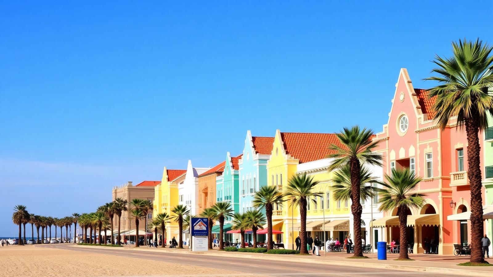 Pastel German colonial seafront buildings in Swakopmund, Namibia — cheap beach houses in Namibia. Images and Photos created by www.cheap-beach-house.com