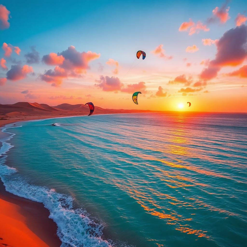Kite-surfers gliding across turquoise water in Jericoacoara, Brazil — cheap beach houses in Brazil. Images and Photos created by www.cheap-beach-house.com