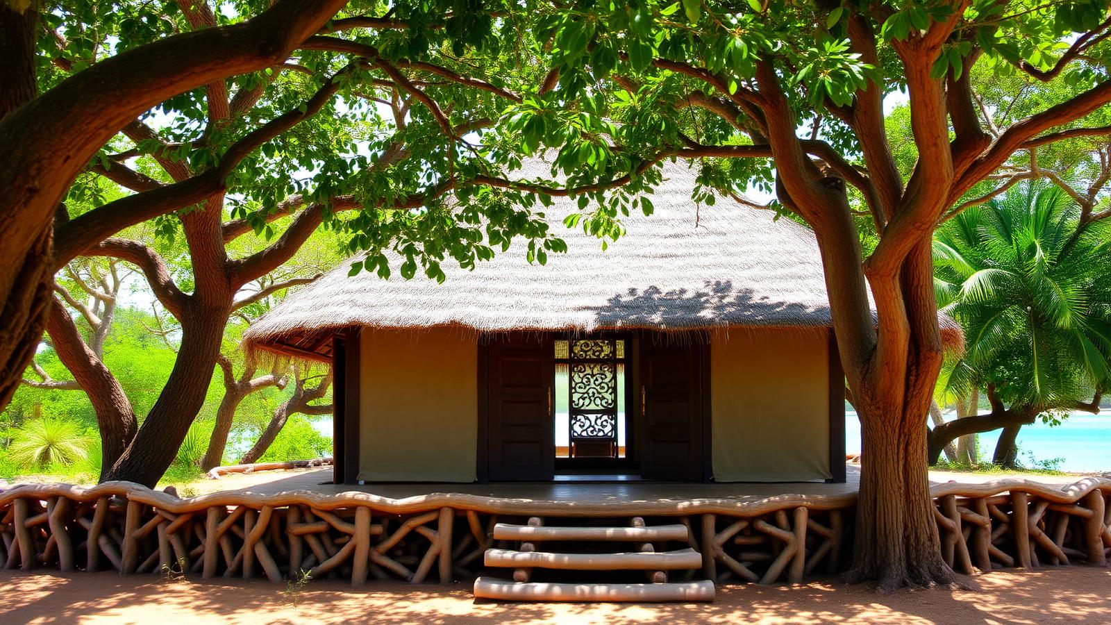 Makuti-thatched Swahili house above turquoise Kilifi Creek, Kenya β cheap beach houses in Kenya. Images and Photos created by www.cheap-beach-house.com