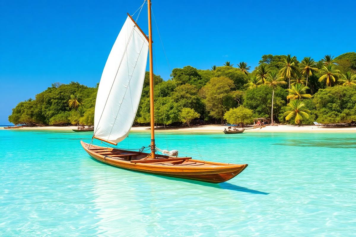 Turquoise reef lagoon with Vezo pirogue sailing boats in Madagascar — cheap beach houses in Madagascar. Images and Photos created by www.cheap-beach-house.com