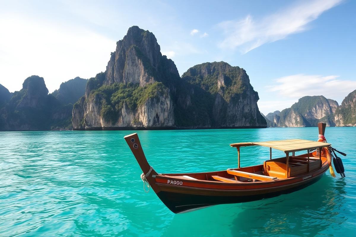 Limestone karst islands and turquoise sea at Langkawi, Malaysia — cheap beach houses in Malaysia. Images and Photos created by www.cheap-beach-house.com