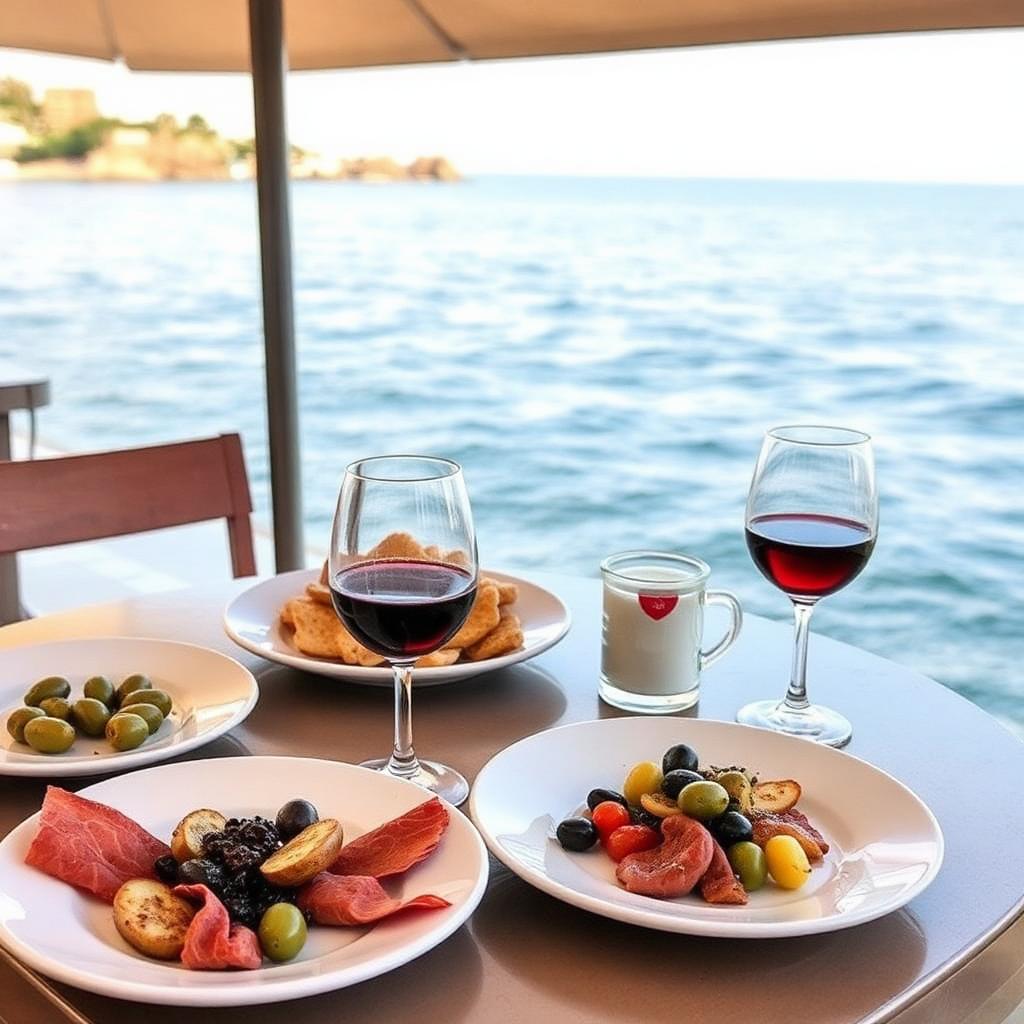 Spanish tapas and wine at a seaside table in Andalusia — cheap beach houses in Spain. Images and Photos created by www.cheap-beach-house.com