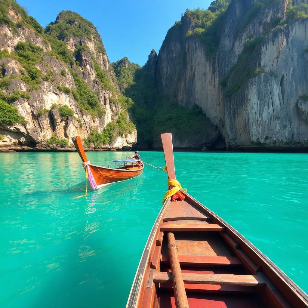 Longtail boats on turquoise water beside limestone cliffs in Thailand — cheap beach houses in Thailand. Images and Photos created by www.cheap-beach-house.com