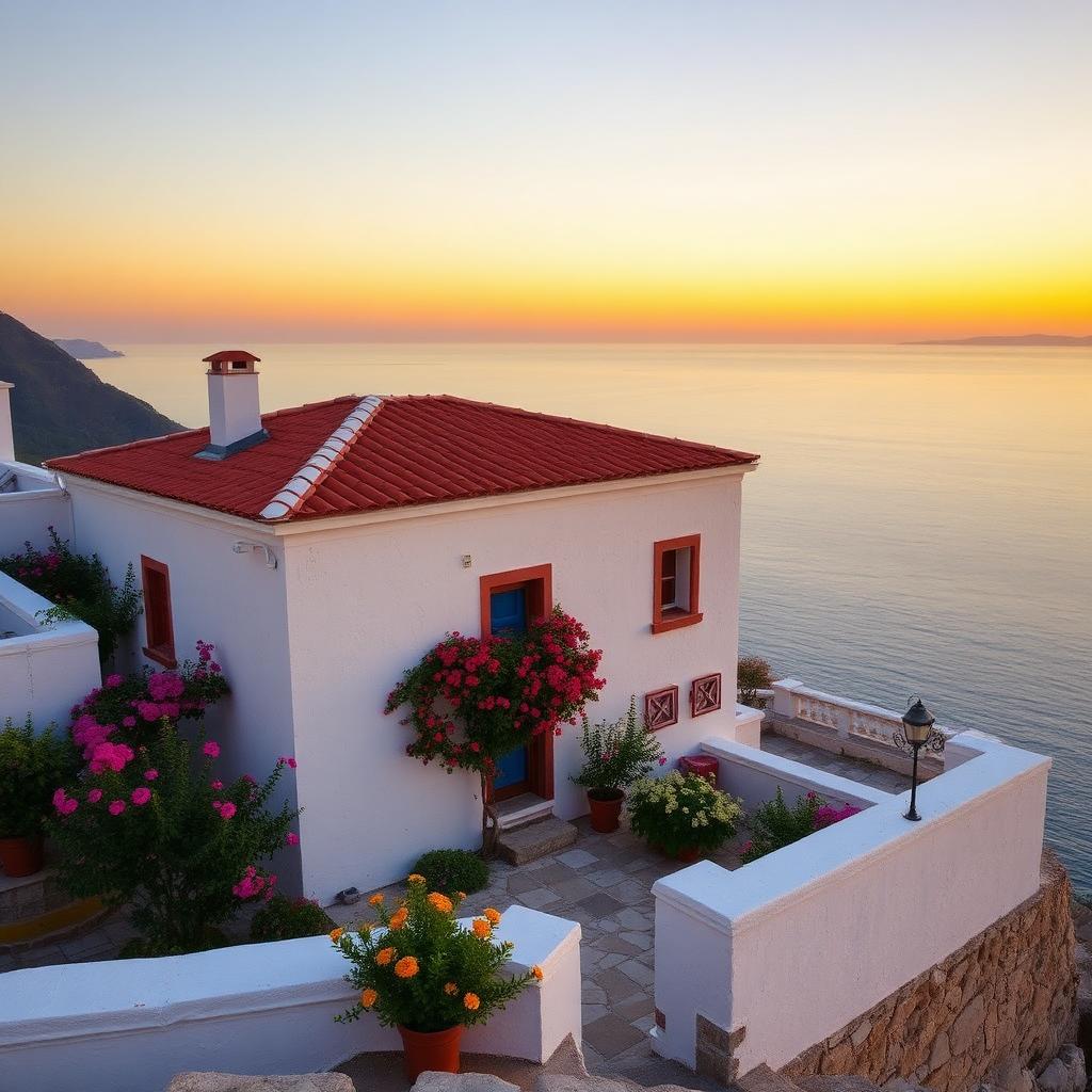 Whitewashed stone village house above the Ionian Sea in Albania — cheap beach houses in Albania. Images and Photos created by www.cheap-beach-house.com