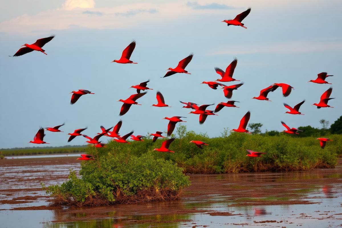 Scarlet ibis flying over Atlantic mangrove mudflats in Suriname — cheap beach houses in Suriname. Images and Photos created by www.cheap-beach-house.com