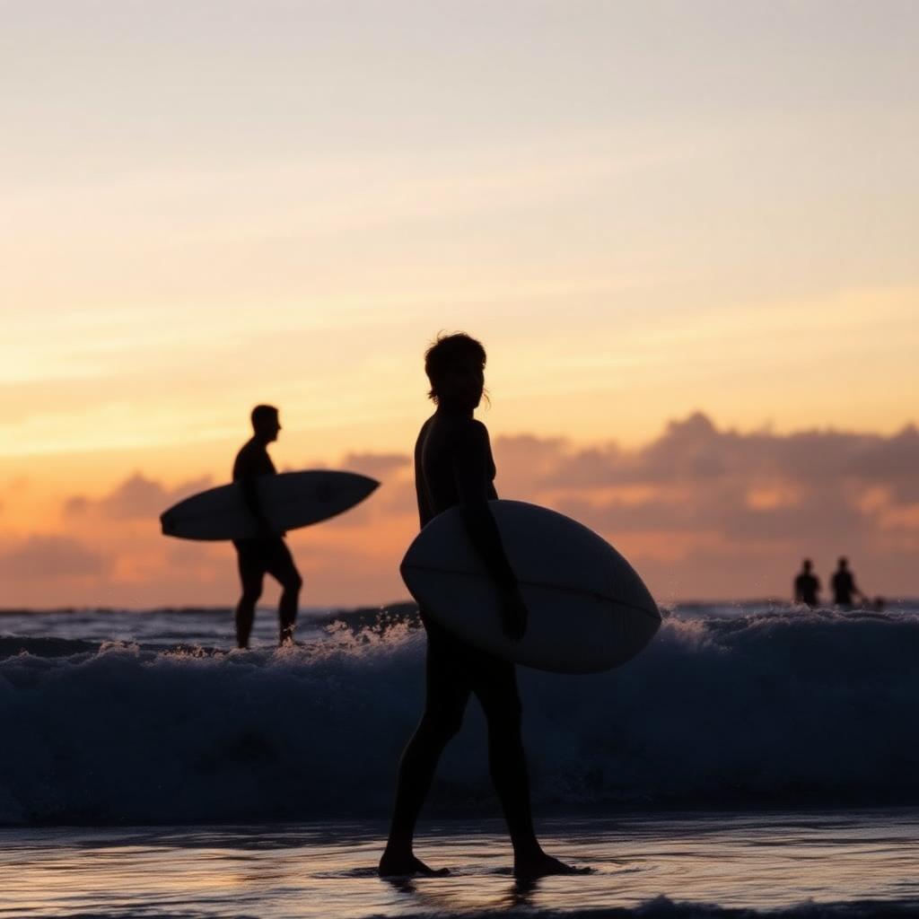 Surfers at Playa Maderas, Nicaragua at sunset — cheap beach houses in Nicaragua. Images and Photos created by www.cheap-beach-house.com