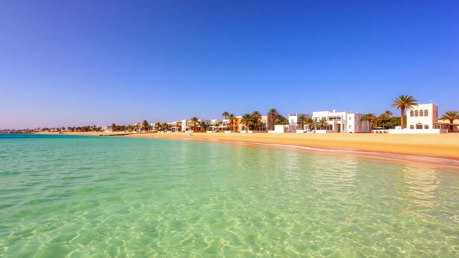 Golden sand beach and Mediterranean water on Tunisia's Sahel coast — cheap beach houses in Tunisia. Images and Photos created by www.cheap-beach-house.com