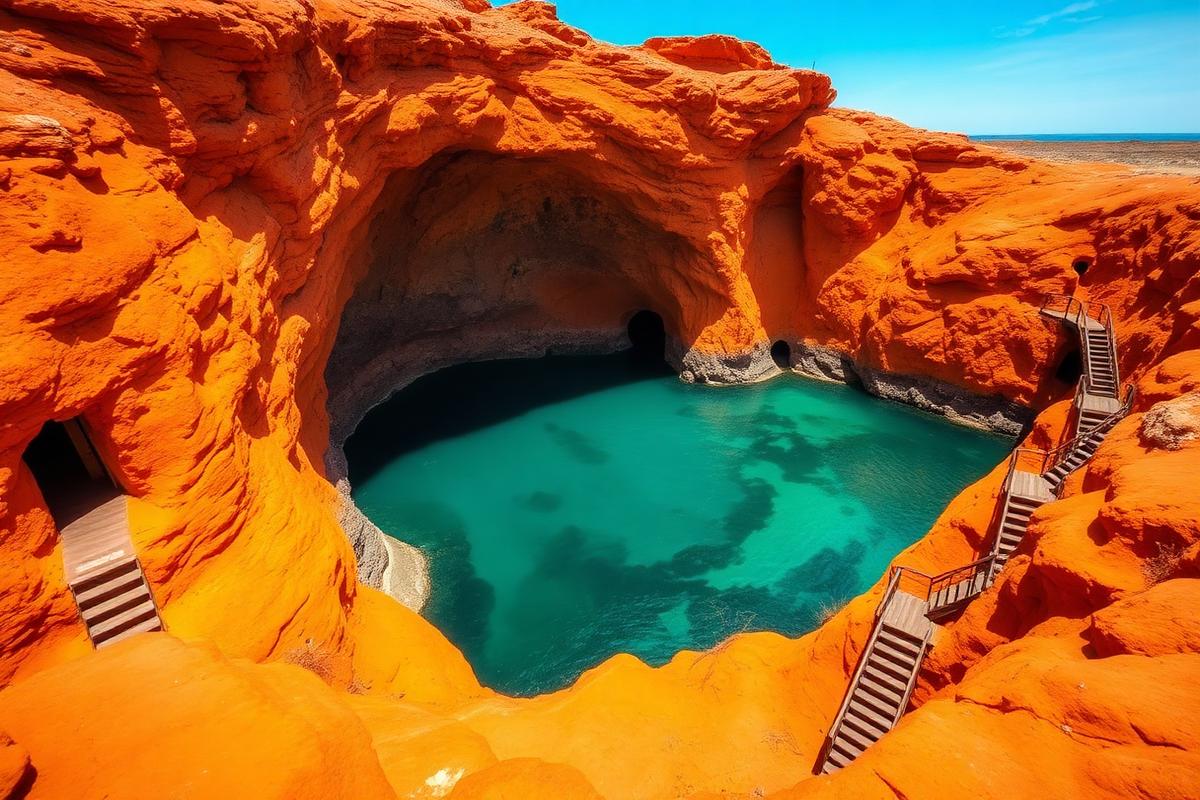 Turquoise water below ochre sea cliffs at Las Grutas, Patagonia, Argentina β cheap beach houses in Argentina. Images and Photos created by www.cheap-beach-house.com
