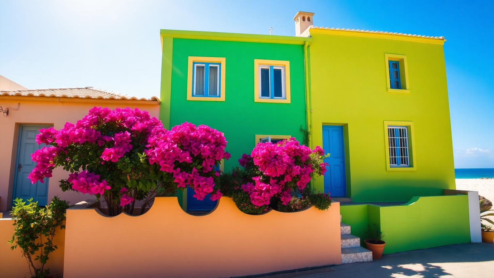 Colourful Creole houses and palms in a Cape Verdean beach town — cheap beach houses in Cape Verde. Images and Photos created by www.cheap-beach-house.com