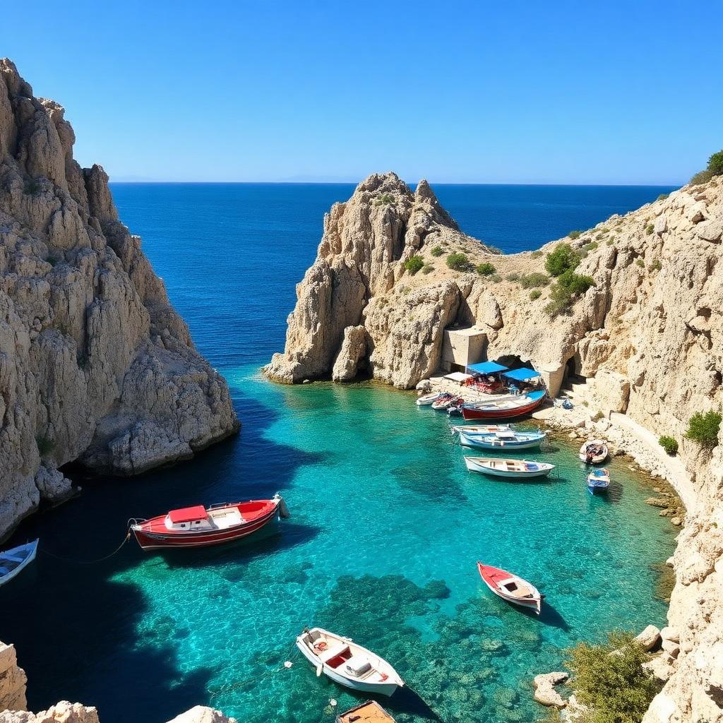 Turquoise cove on a lesser-known Greek island with fishing boats — cheap beach houses in Greece. Images and Photos created by www.cheap-beach-house.com