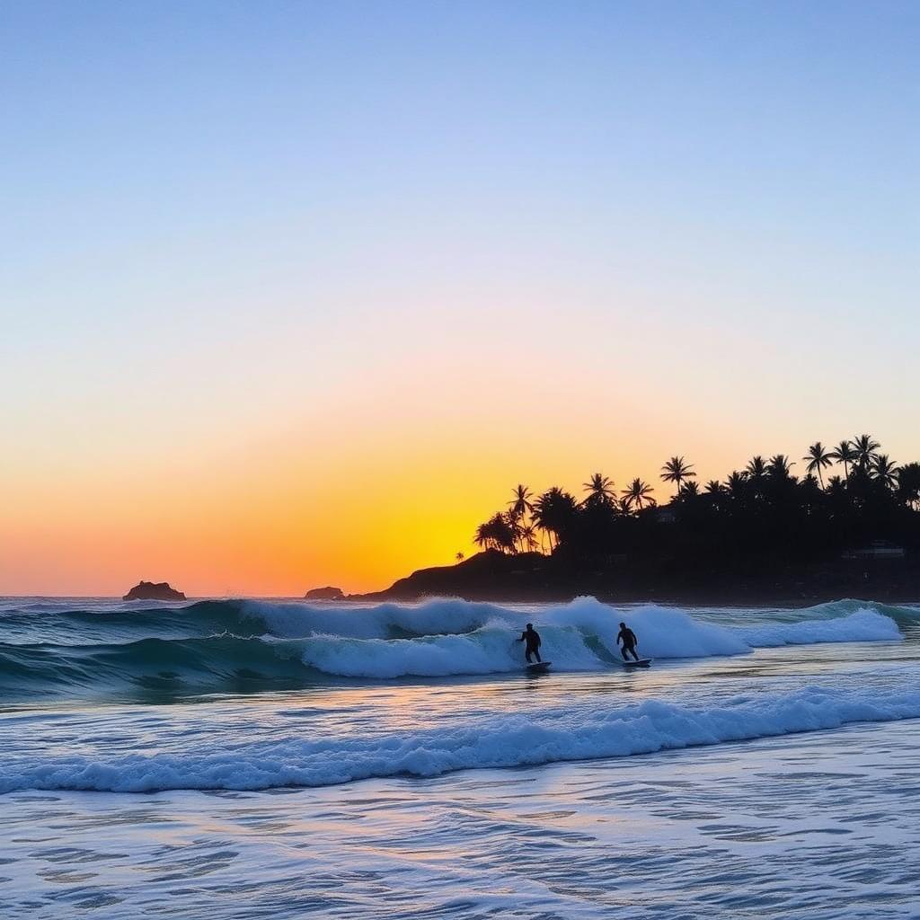 Surfers at Máncora, Peru, at sunrise — cheap beach houses in Peru. Images and Photos created by www.cheap-beach-house.com