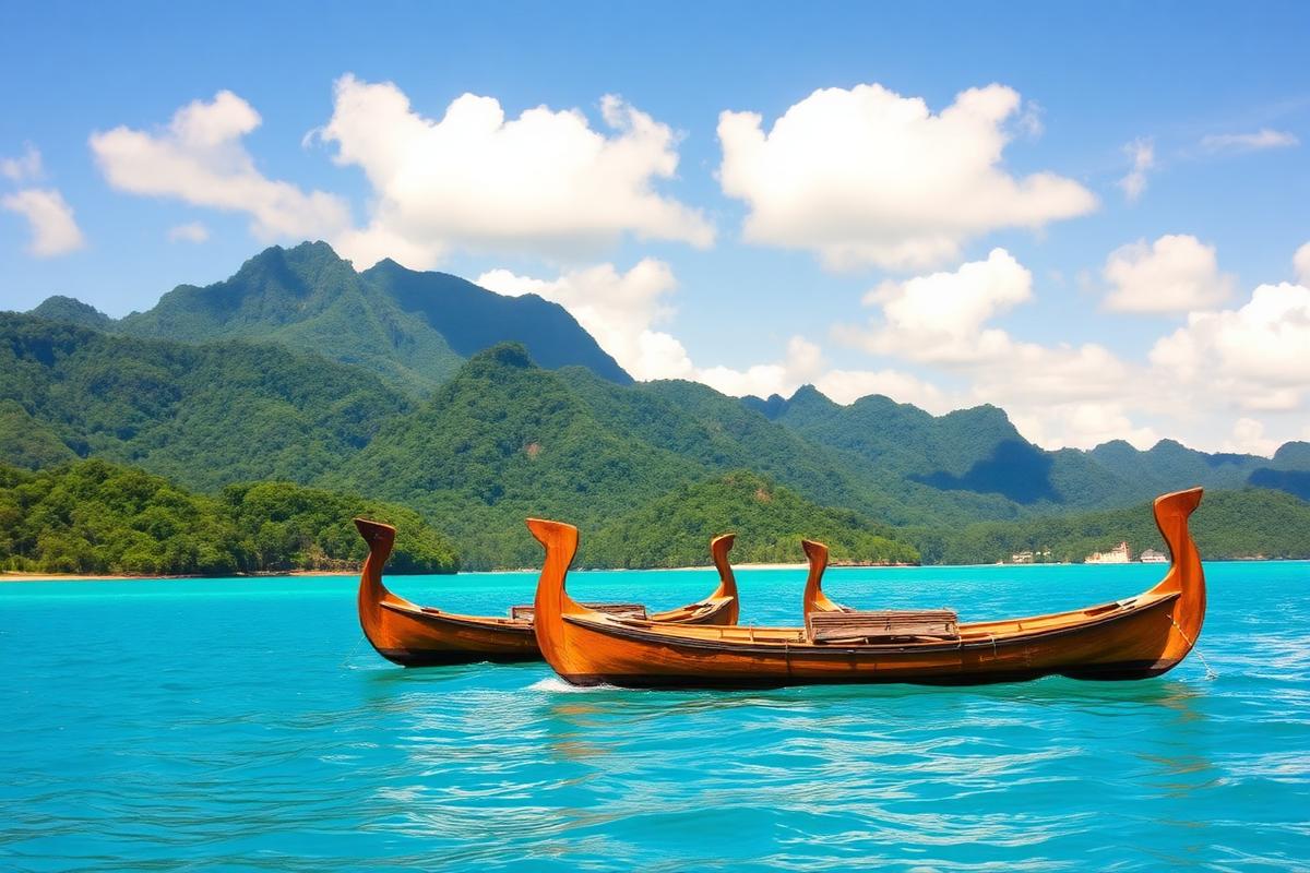 Carved outrigger sailing canoes on Milne Bay, Papua New Guinea β cheap beach houses in Papua New Guinea. Images and Photos created by www.cheap-beach-house.com