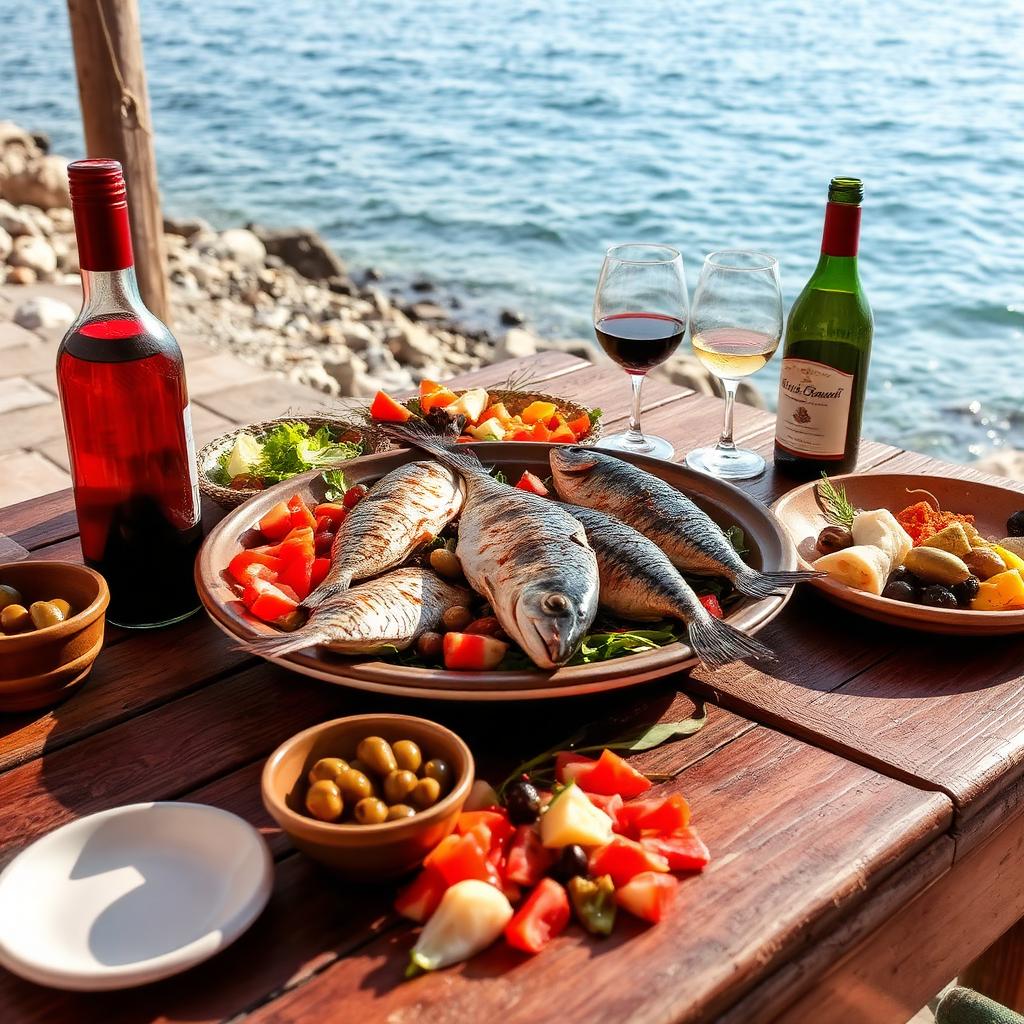 Traditional Albanian seafood lunch with grilled fish and village wine — cheap beach houses in Albania. Images and Photos created by www.cheap-beach-house.com