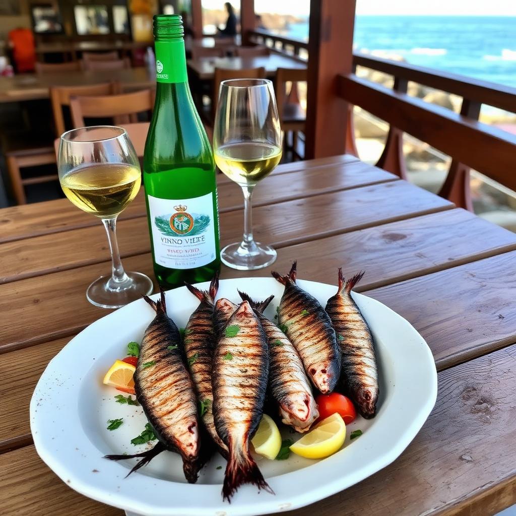 Grilled sardines and vinho verde at a Portuguese seaside taverna — cheap beach houses in Portugal. Images and Photos created by www.cheap-beach-house.com