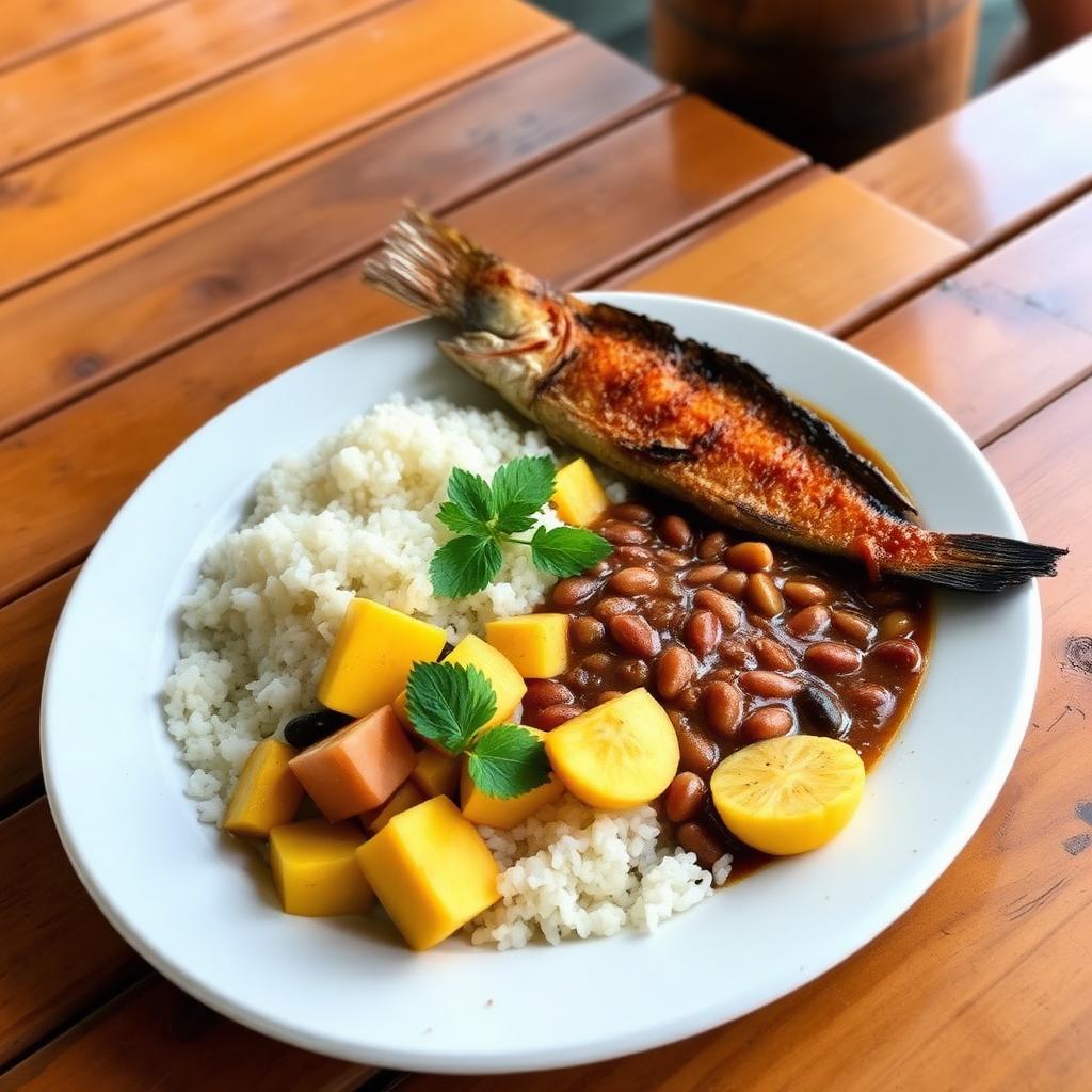 Costa Rican casado meal of rice, beans and grilled fish beachside — cheap beach houses in Costa Rica. Images and Photos created by www.cheap-beach-house.com