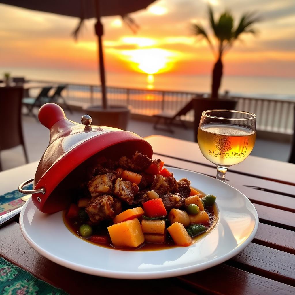 Moroccan tagine and mint tea served on a beachside terrace — cheap beach houses in Morocco. Images and Photos created by www.cheap-beach-house.com