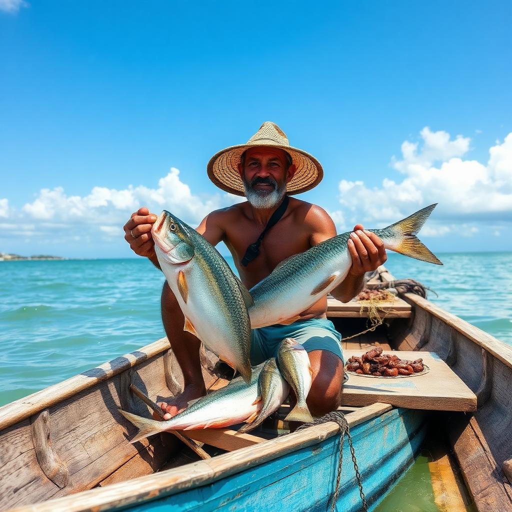 Colombian fisherman with fresh catch on a wooden boat — cheap beach houses in Colombia. Images and Photos created by www.cheap-beach-house.com