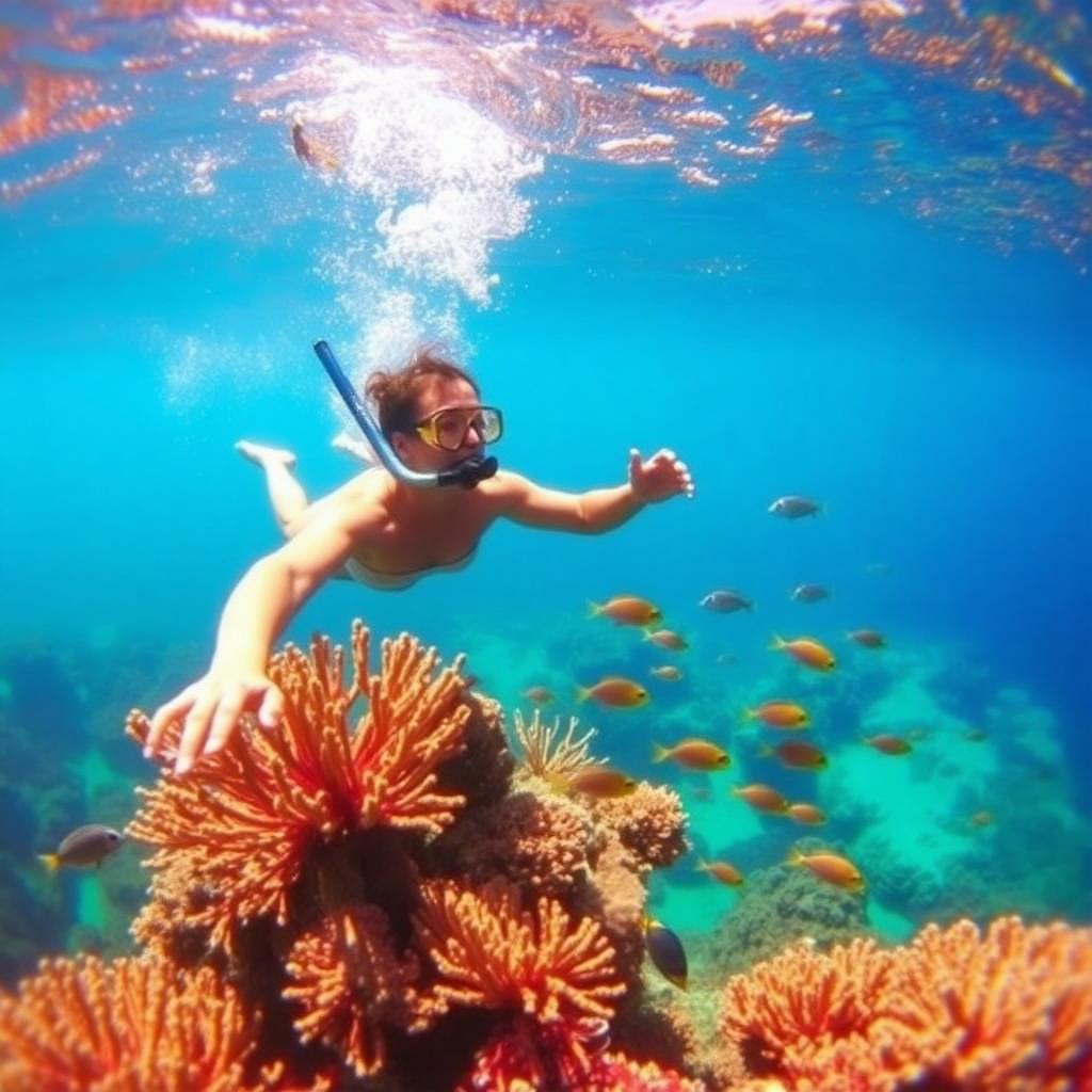 Snorkeler above vibrant Red Sea coral in Egypt — cheap beach houses in Egypt. Images and Photos created by www.cheap-beach-house.com