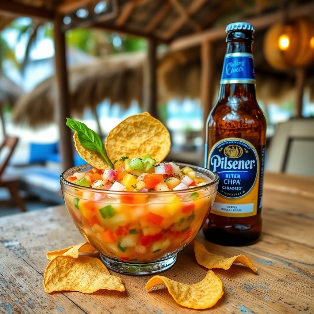 Fresh ceviche and Pilsener beer at an Ecuadorian beach shack — cheap beach houses in Ecuador. Images and Photos created by www.cheap-beach-house.com