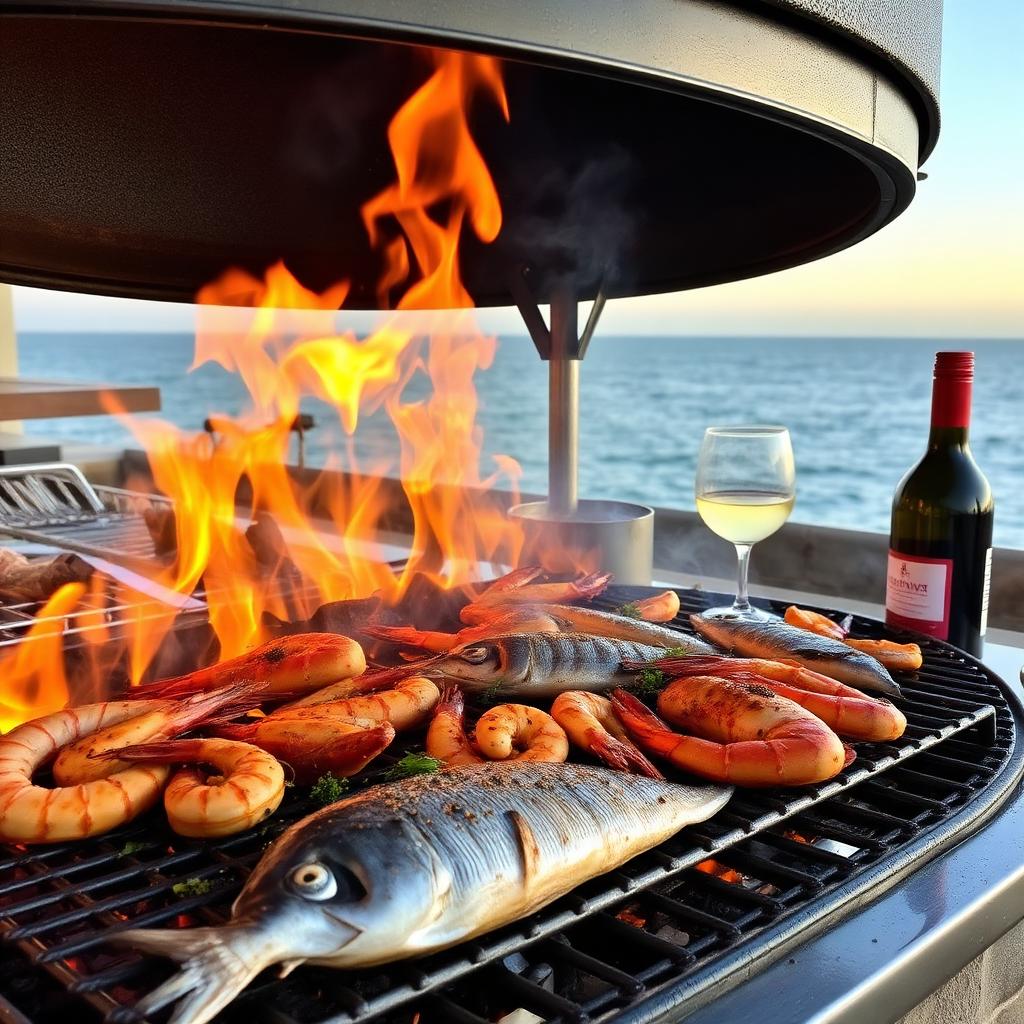 South African seafood braai with grilled fish and wine on the beach — cheap beach houses in South Africa. Images and Photos created by www.cheap-beach-house.com
