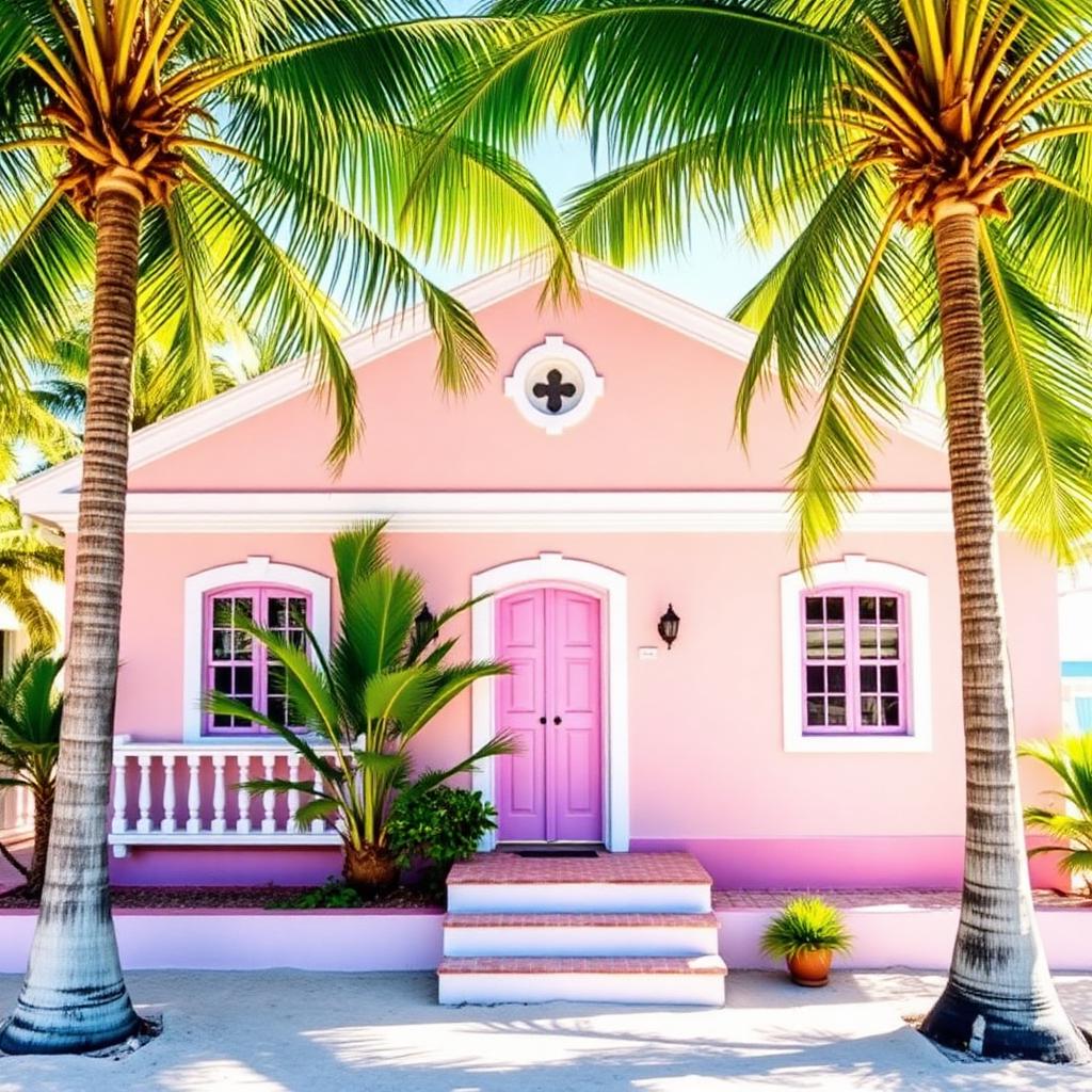 Pastel-painted colonial beach cottage lined with palm trees in Bahia — cheap beach houses in Brazil. Images and Photos created by www.cheap-beach-house.com