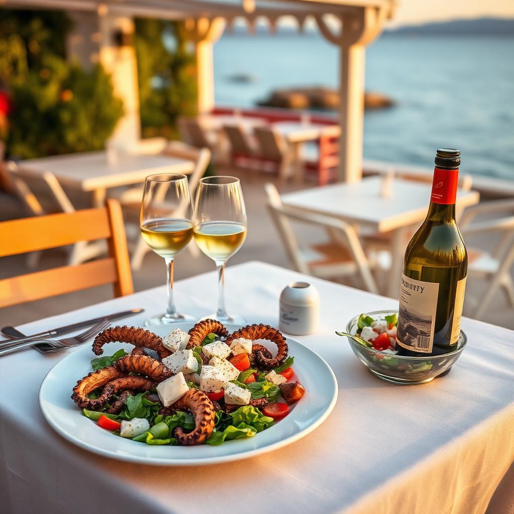 Greek taverna table with grilled octopus, salad and wine by the sea — cheap beach houses in Greece. Images and Photos created by www.cheap-beach-house.com