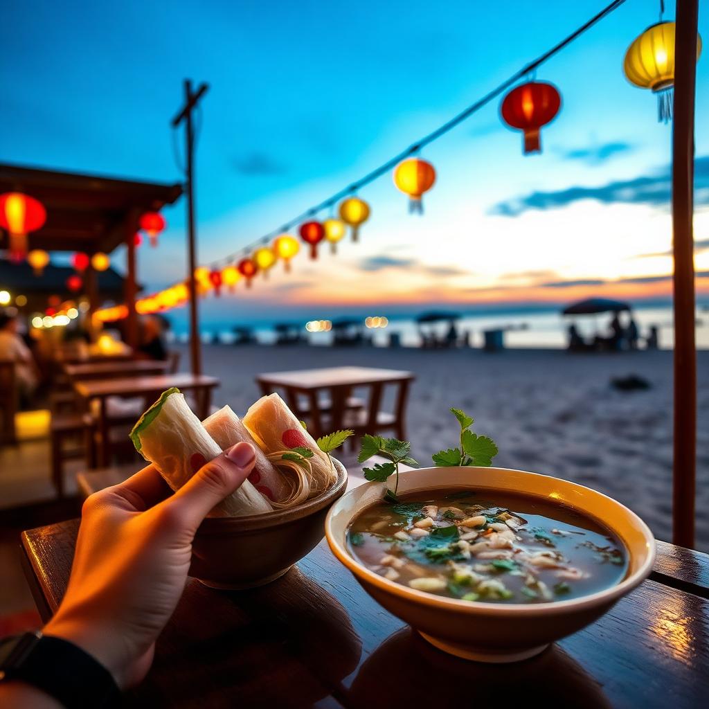 Vietnamese street food of pho and fresh seafood by the sea — cheap beach houses in Vietnam. Images and Photos created by www.cheap-beach-house.com