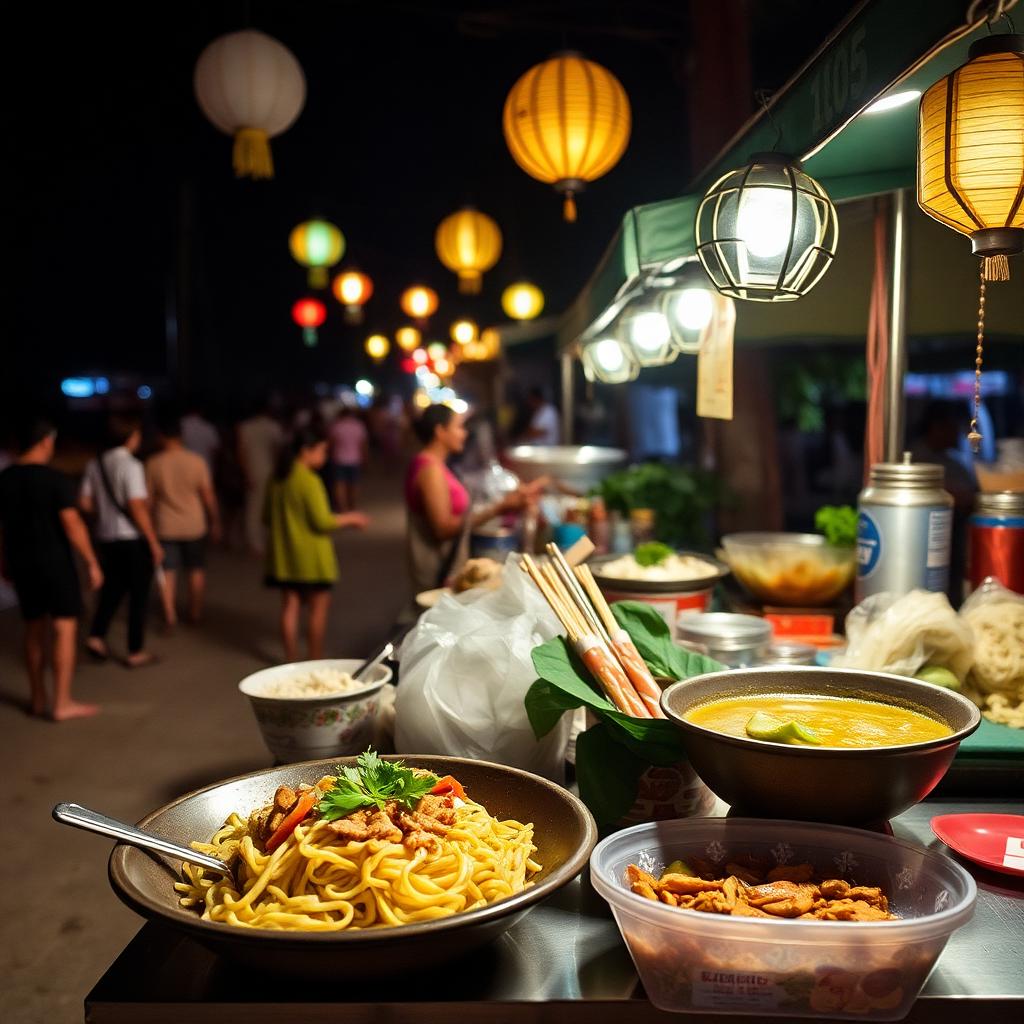 Thai beachside night market with grilled seafood and lanterns — cheap beach houses in Thailand. Images and Photos created by www.cheap-beach-house.com