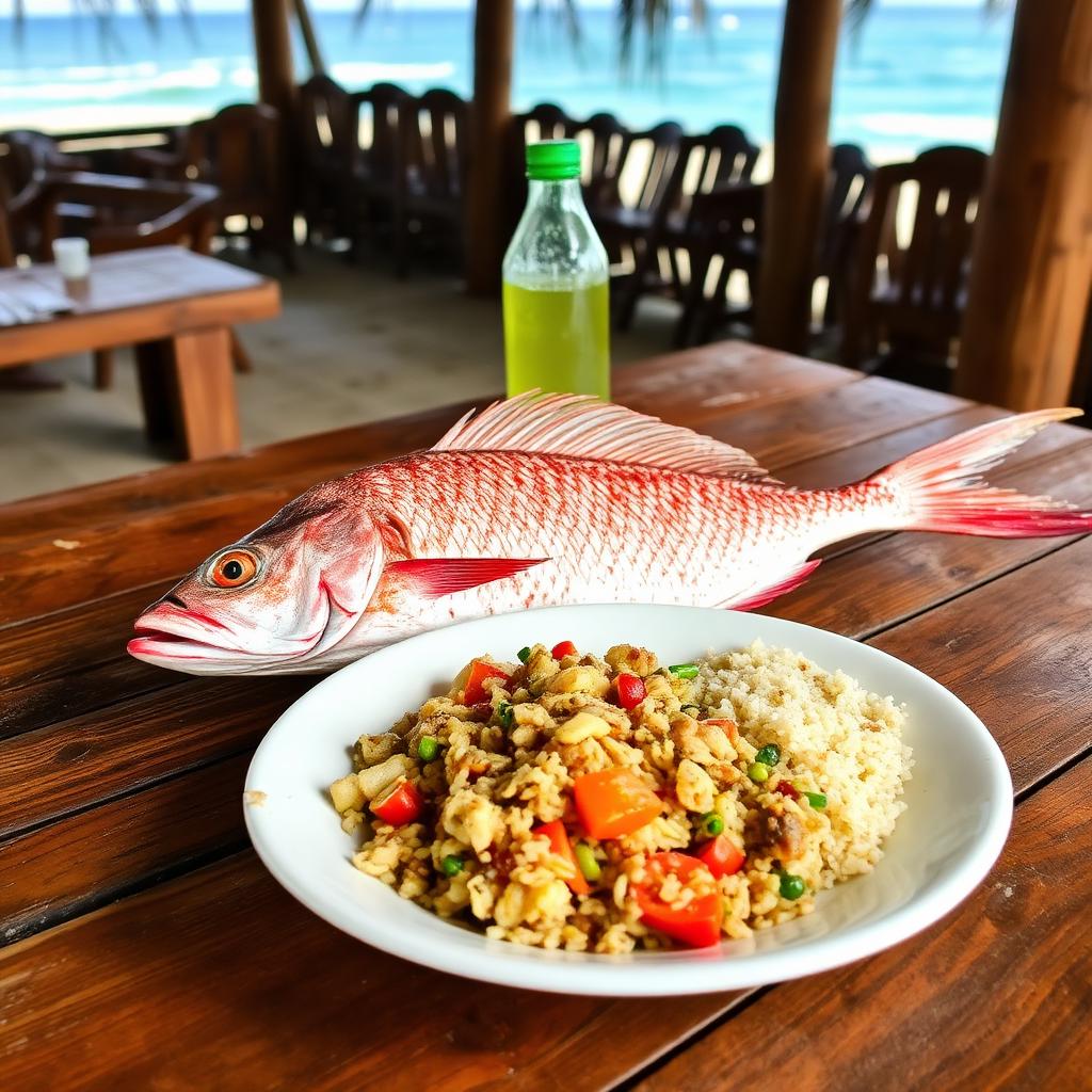Fresh red snapper and gallo pinto at a Nicaraguan beach shack — cheap beach houses in Nicaragua. Images and Photos created by www.cheap-beach-house.com