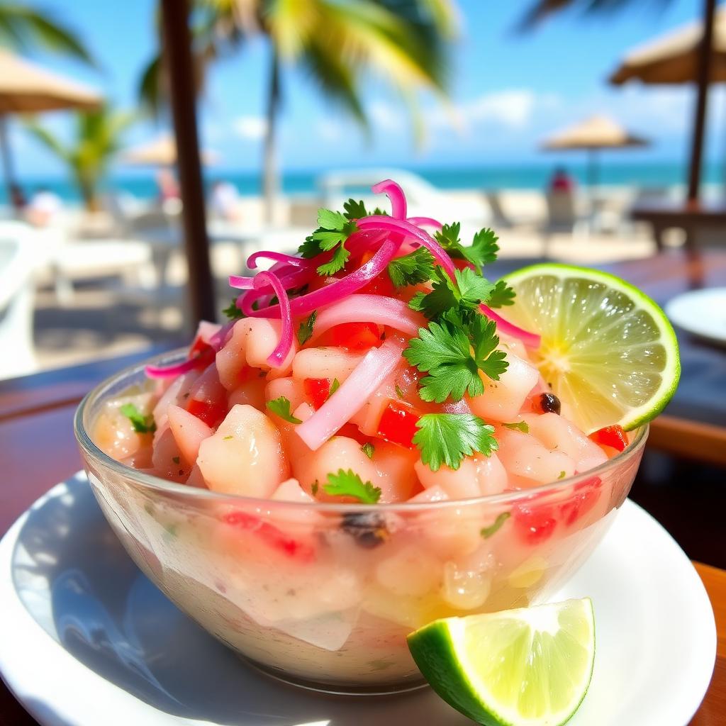 Fresh Peruvian ceviche served at a beachside restaurant — cheap beach houses in Peru. Images and Photos created by www.cheap-beach-house.com