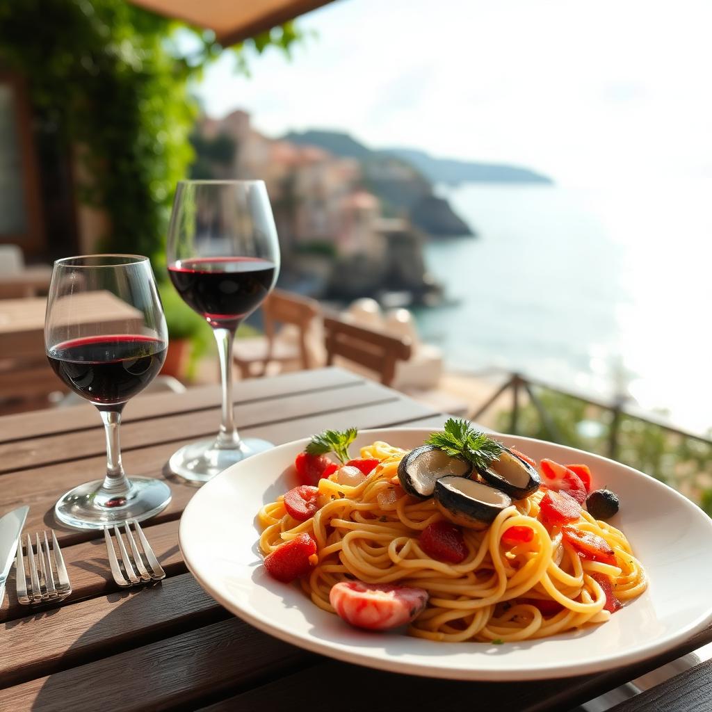 Italian seaside lunch of fresh pasta and wine at a village terrace — cheap beach houses in Italy. Images and Photos created by www.cheap-beach-house.com