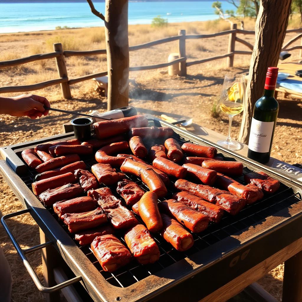 Uruguayan asado grill with meat and salads at a beach house — cheap beach houses in Uruguay. Images and Photos created by www.cheap-beach-house.com