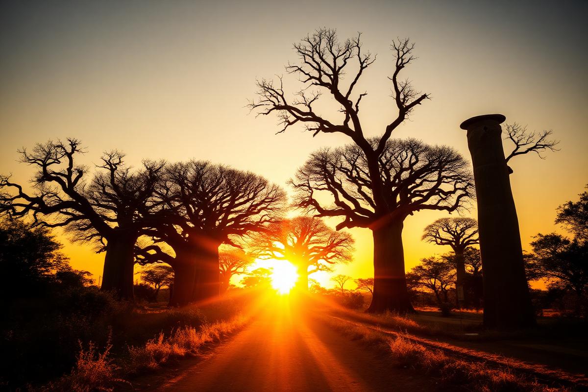 Avenue of giant baobab trees at sunset in Madagascar — cheap beach houses in Madagascar. Images and Photos created by www.cheap-beach-house.com