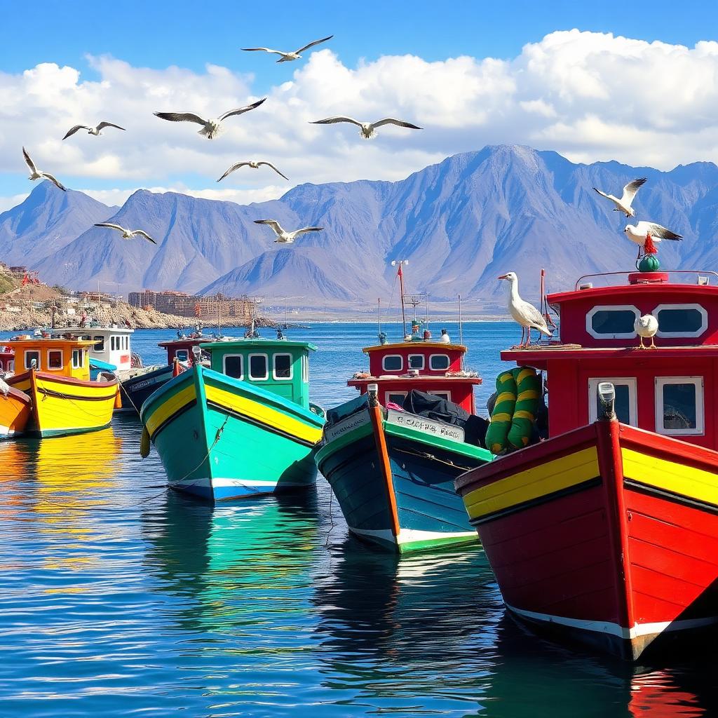 Colourful fishing boats on a Chilean coastal harbour — cheap beach houses in Chile. Images and Photos created by www.cheap-beach-house.com