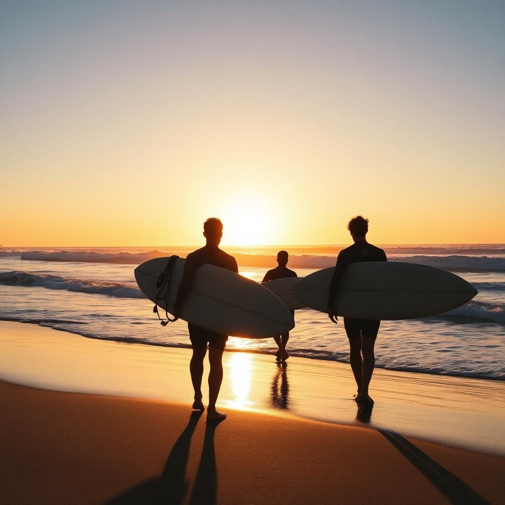 Australian surfers walking down to a golden beach at sunrise — cheap beach houses in Australia. Images and Photos created by www.cheap-beach-house.com