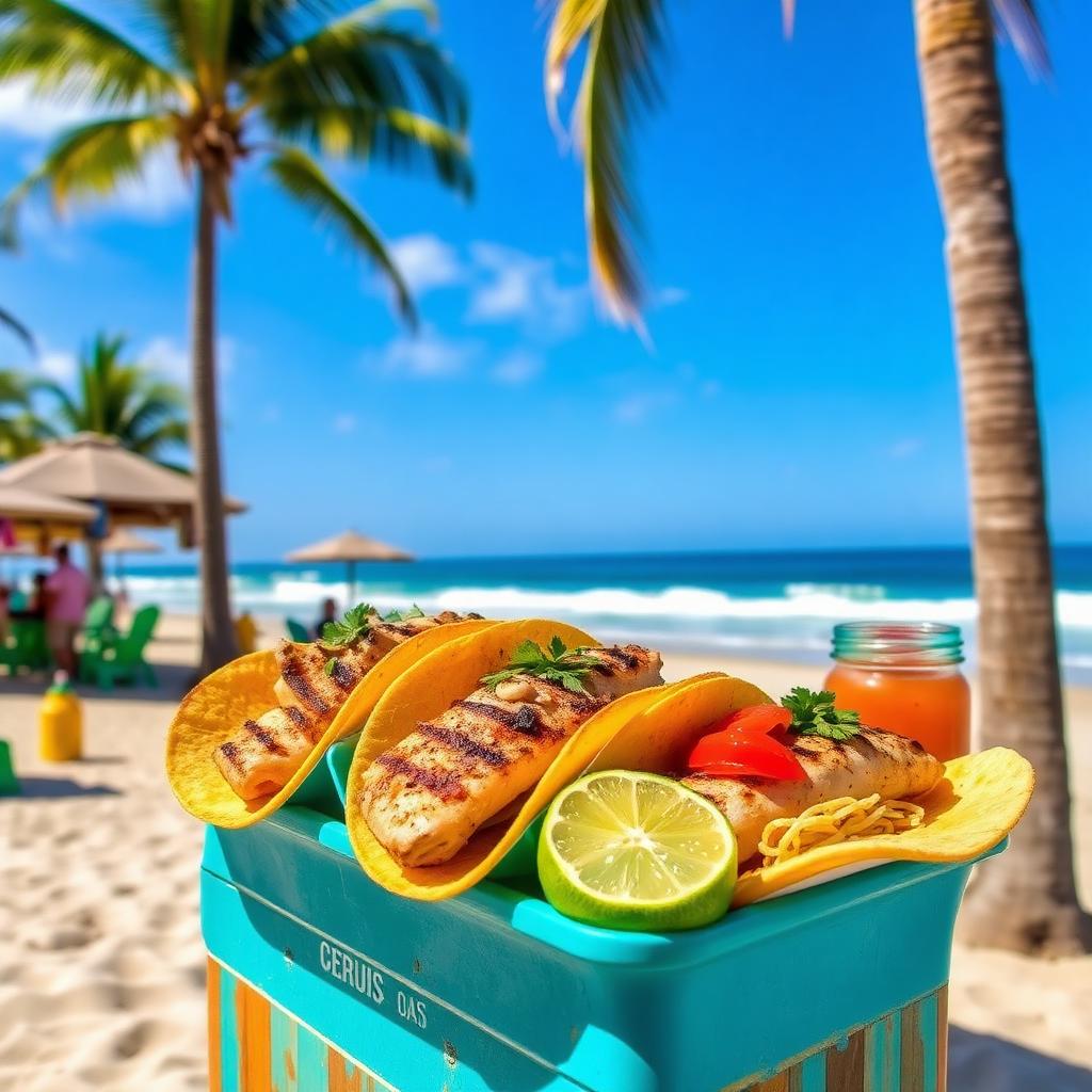 Beachfront taco stand and palm trees on the Mexican Pacific coast — cheap beach houses in Mexico. Images and Photos created by www.cheap-beach-house.com