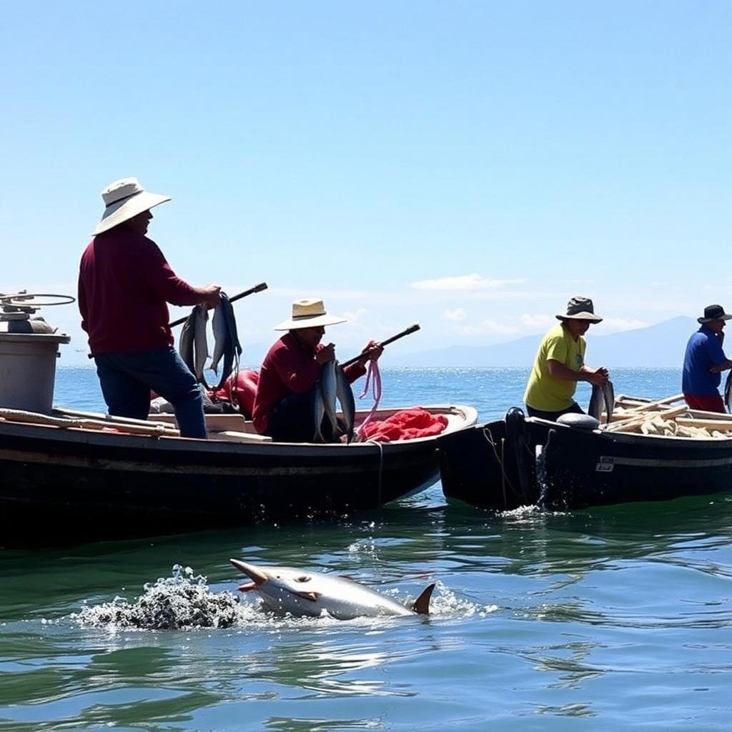 Peruvian fishermen with their catch on the northern Pacific coast — cheap beach houses in Peru. Images and Photos created by www.cheap-beach-house.com