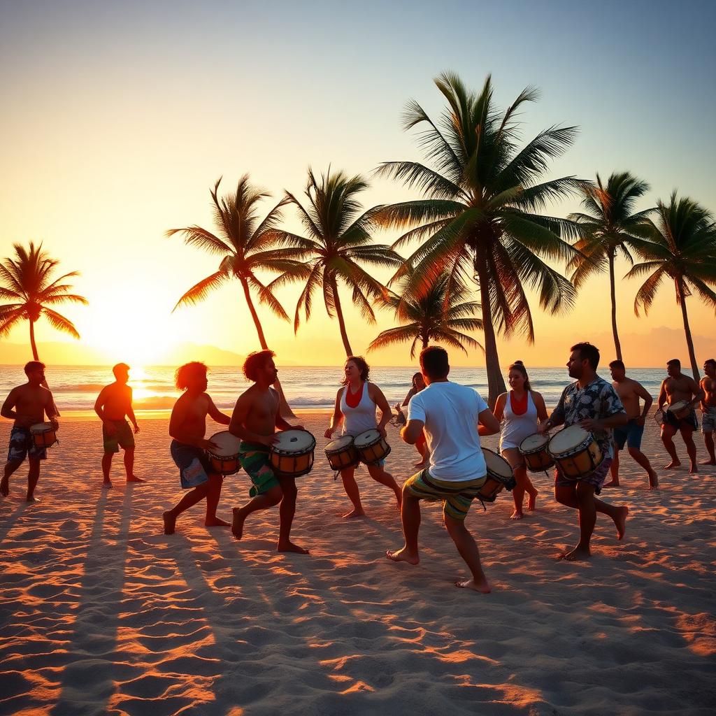Sunset drum circle on a Brazilian beach with dancers and palms — cheap beach houses in Brazil. Images and Photos created by www.cheap-beach-house.com
