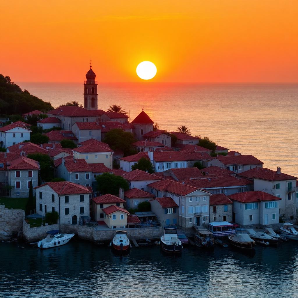 Terracotta-roofed Croatian coastal village at sunset — cheap beach houses in Croatia. Images and Photos created by www.cheap-beach-house.com