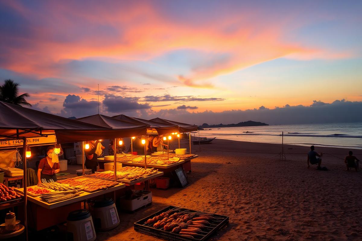 Malaysian seafood night market spread by the beach — cheap beach houses in Malaysia. Images and Photos created by www.cheap-beach-house.com