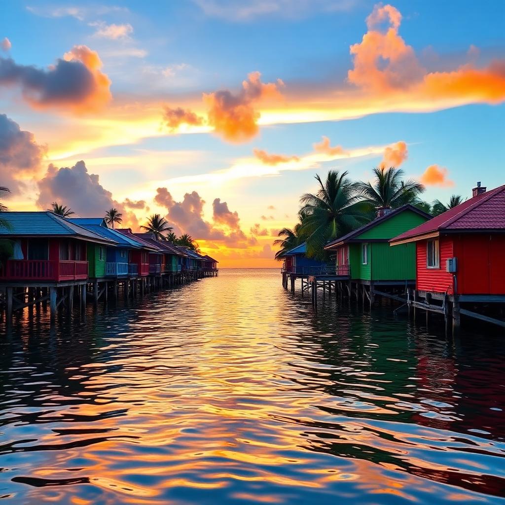 Colourful Caribbean stilt houses in Bocas del Toro at sunset — cheap beach houses in Panama. Images and Photos created by www.cheap-beach-house.com