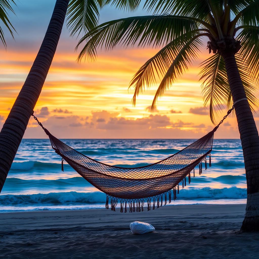 Hammock strung between palm trees on a Costa Rican beach — cheap beach houses in Costa Rica. Images and Photos created by www.cheap-beach-house.com