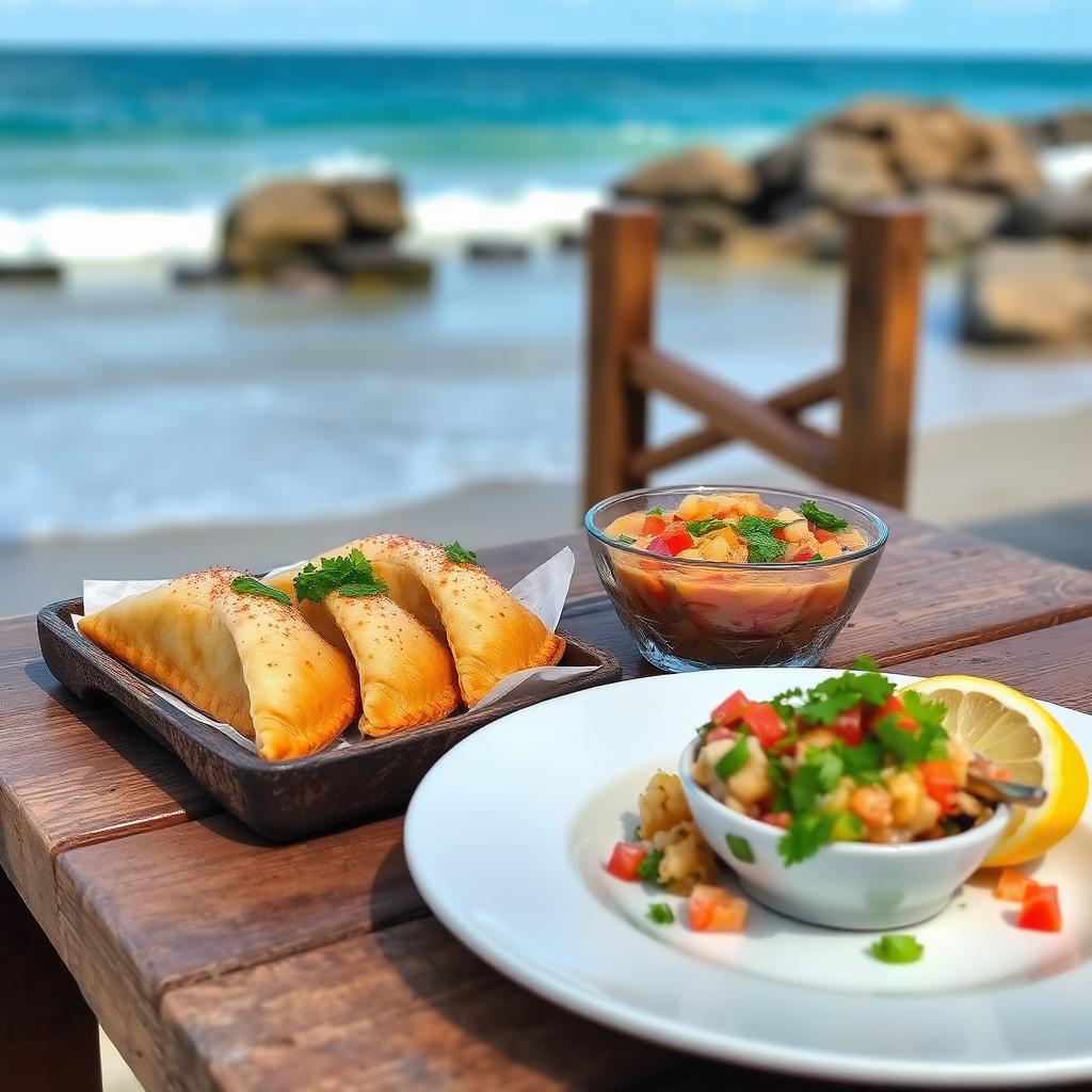 Chilean seafood empanadas and ceviche served beachside — cheap beach houses in Chile. Images and Photos created by www.cheap-beach-house.com