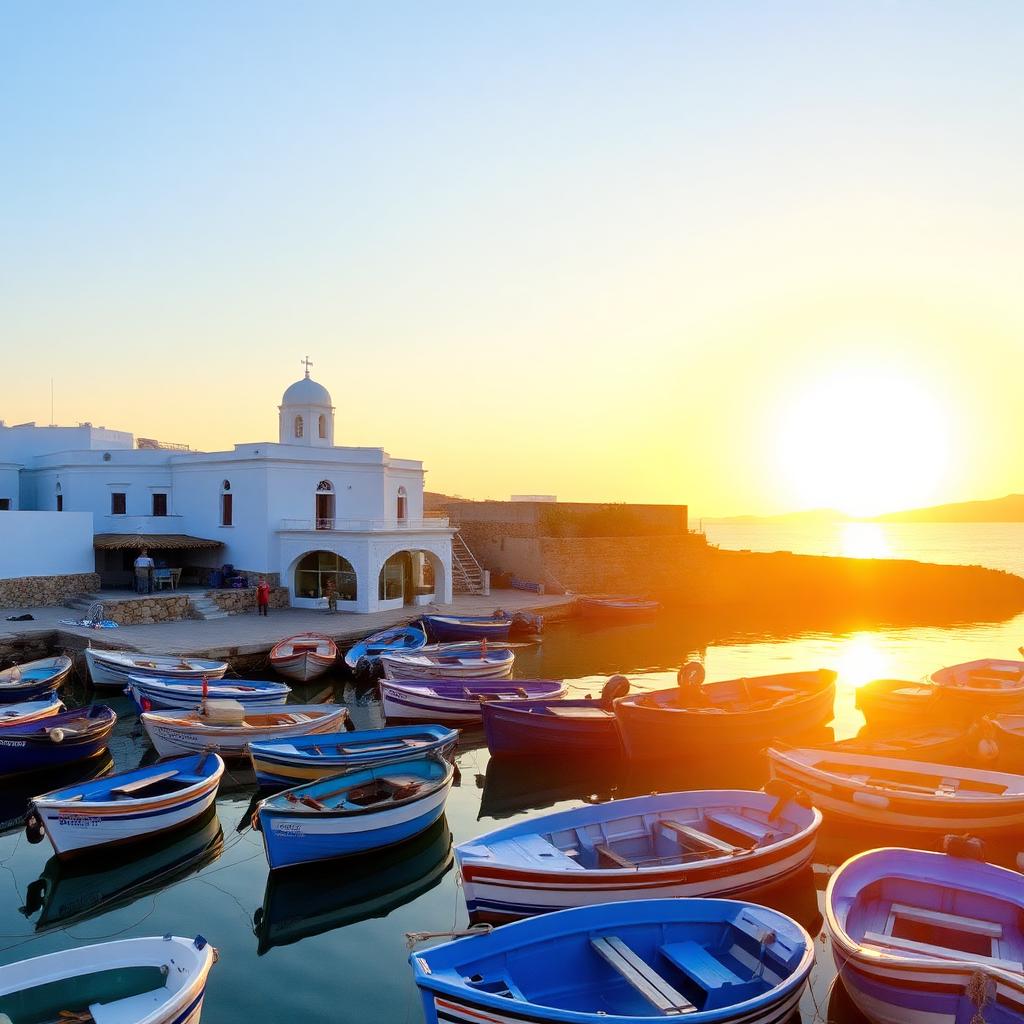 Traditional Greek fishing harbour at golden hour — cheap beach houses in Greece. Images and Photos created by www.cheap-beach-house.com