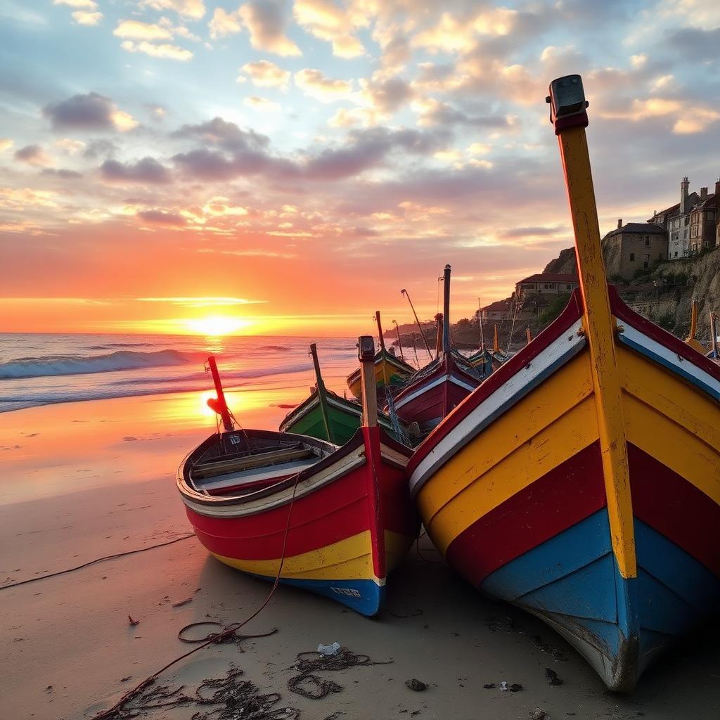 Colourful fishing boats on a Portuguese Atlantic beach at sunset — cheap beach houses in Portugal. Images and Photos created by www.cheap-beach-house.com