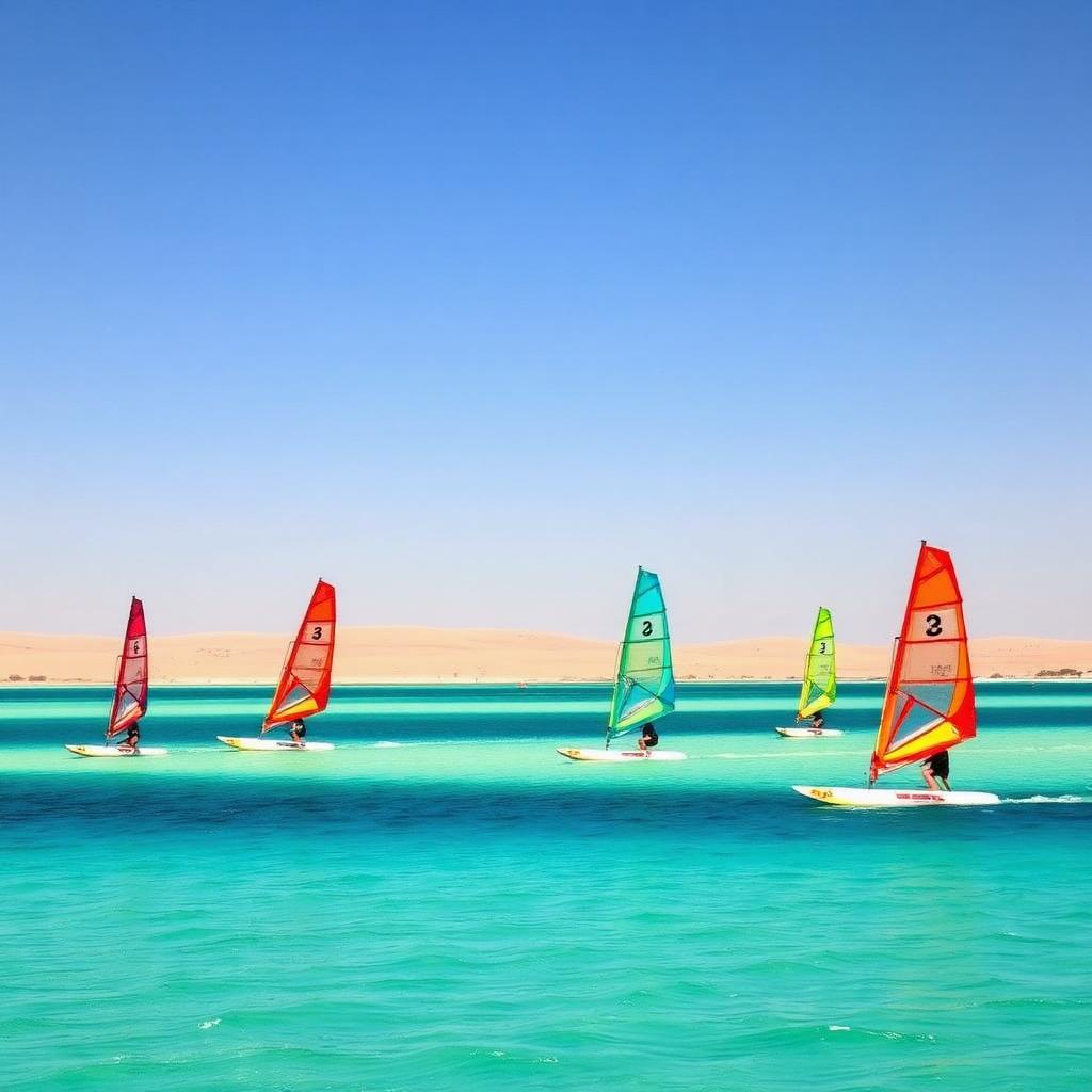 Windsurfers on the flat lagoon at Soma Bay, Egypt — cheap beach houses in Egypt. Images and Photos created by www.cheap-beach-house.com